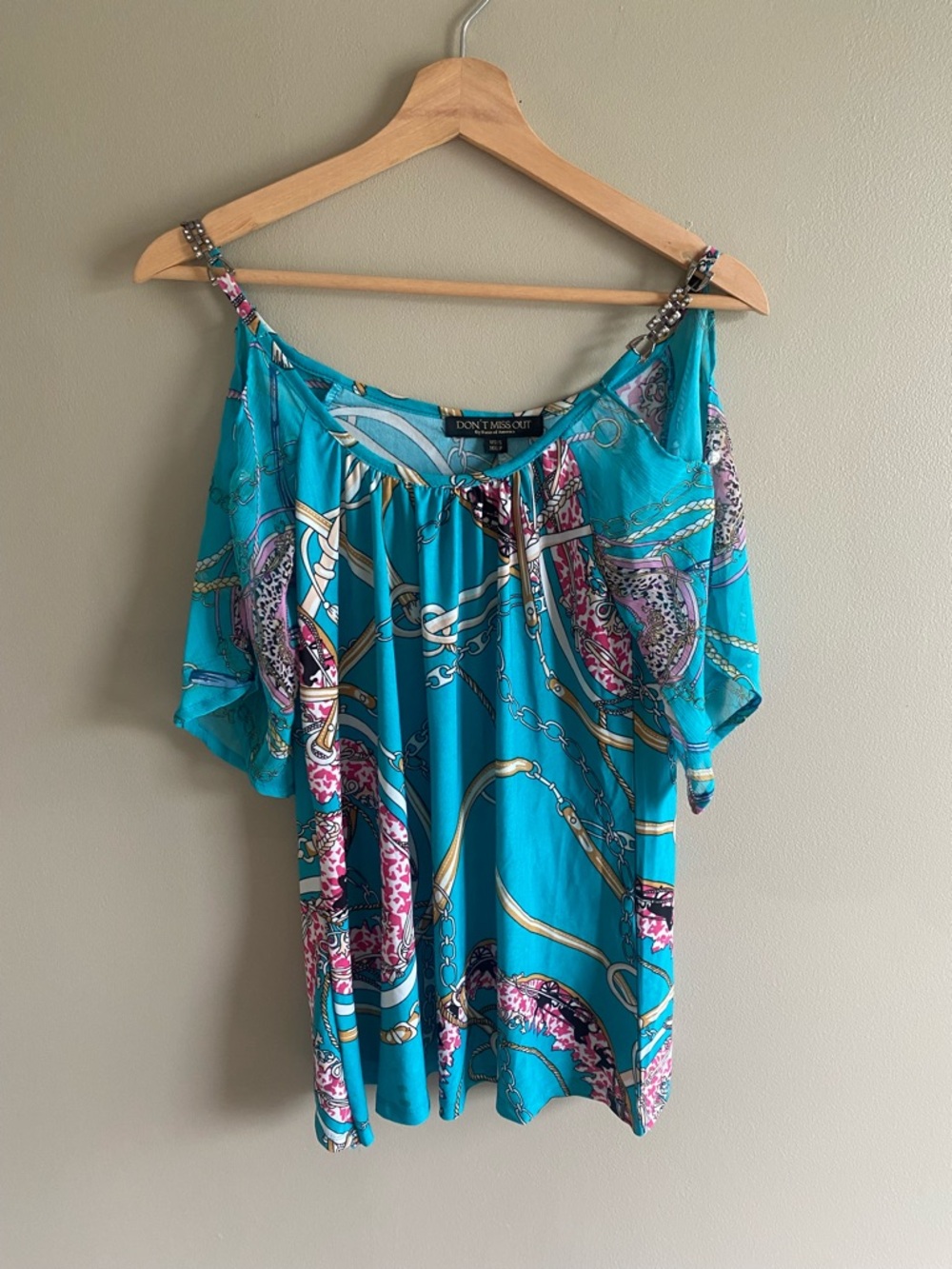Turquoise Cold-Shoulder Chain-Print Tunic Top - Picture 2 of 9